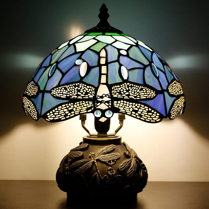 Small Tiffany Table Lamp Blue Dragonfly Style Stained Glass Desk Lamp 10X11.5 Inch Mushroom Table Light for Office Home Living Room Bedroom