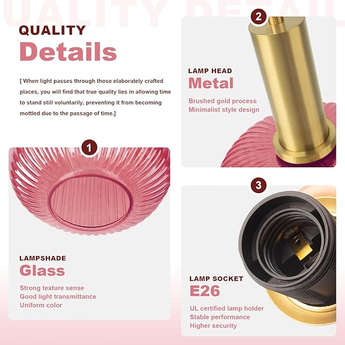 Pink Pendant Light Plug in Glass Chandelier Lighting Vintage Gold Hanging Lamp Plug in Light Fixtures Ceiling Hanging Lights with Long Cord for Living Room Dining Room Bedroom Kitchen Island