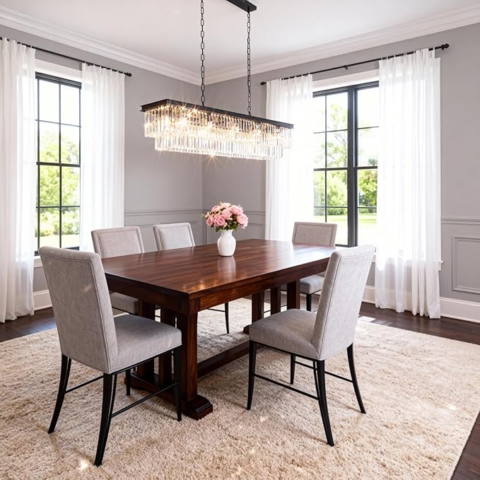 Rectangle Crystal Chandelier 59 inch, Modern Rectangular Chandeliers Ceiling Hanging Linear Chandeliers Light Fixture for Dining Room, Kitchen Island, Bar, Black,14-Light