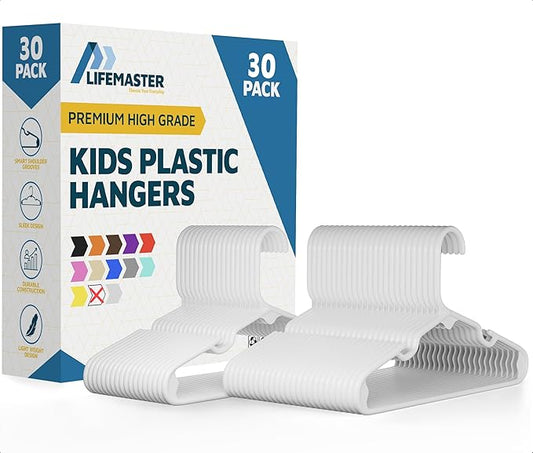 Lifemaster Plastic Kids Clothes Hanger – Children Clothes Hanger with Shoulder Notch, 11.6 Inch Space-Saving Closet Organizer for Baby, Toddler, and Kids Clothing, Hold Up to 5 lbs, Pack of 30, White