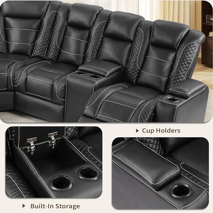 ANJ Recliner Sofa Set: 3-Seat Home Theater Seating and 2PCS Loveseats with LED Lights, USB Charging, Faux Leather for Living Room (Black)