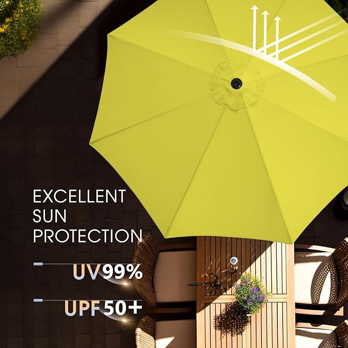 wikiwiki 9FT Patio Umbrella with Base, Outdoor Umbrellas with Base Included, 8 Sturdy Ribs, Waterproof Fade Resistant POLYESTER DTY Canopy for Deck, Lawn, Garden, Backyard & Pool, Yellow