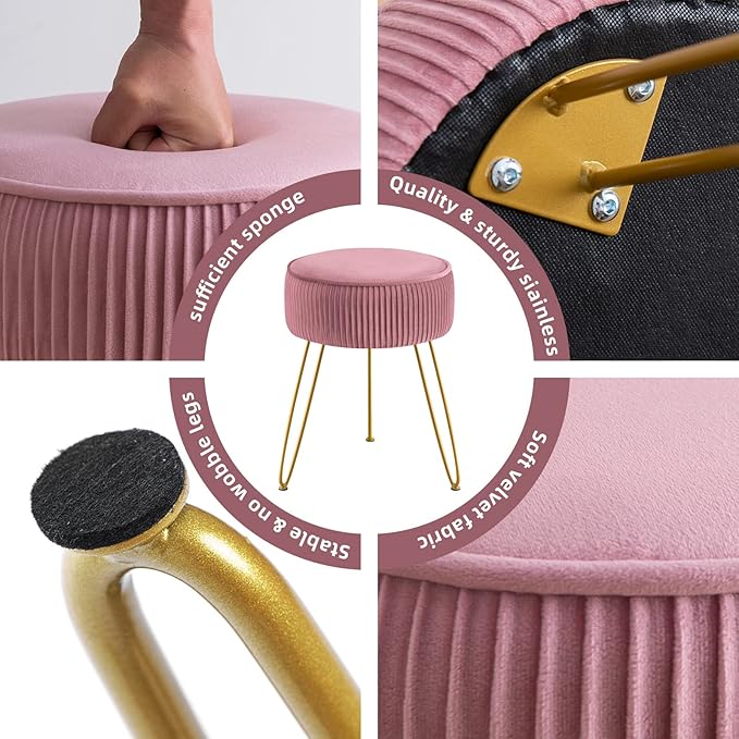 GERANT Multi-Functional Velvet Round Ottoman Footrest with Metal Legs - Modern Offices & Makeup Room Stool, Light Pink
