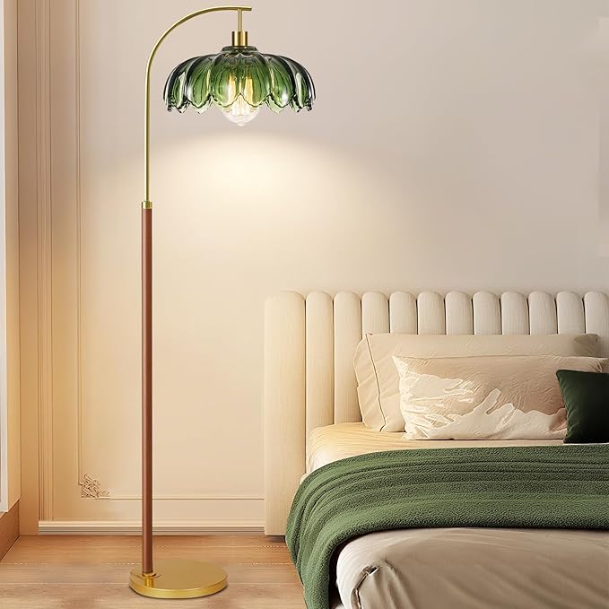Wood Floor Lamps for Living Room,Gold Floor Lamp with Remote Control & Glass Lampshade,Arc Flower Lamp Dimmable Mid Century Modern Standing Lamp Vintage Brass Tall Floor Lamp For Bedroom Corner