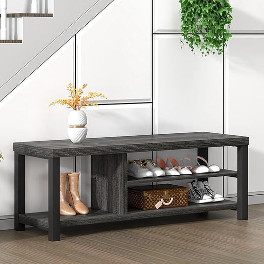 FOLUBAN Entryway Bench with Shoe Storage, Vintage End of Bed Bench, Rustic Wooden Entry Bench for Hallway Front Door Entrance, Industrial Indoor Bench for Bedroom Living Room, Dark Gray, 47 Inch