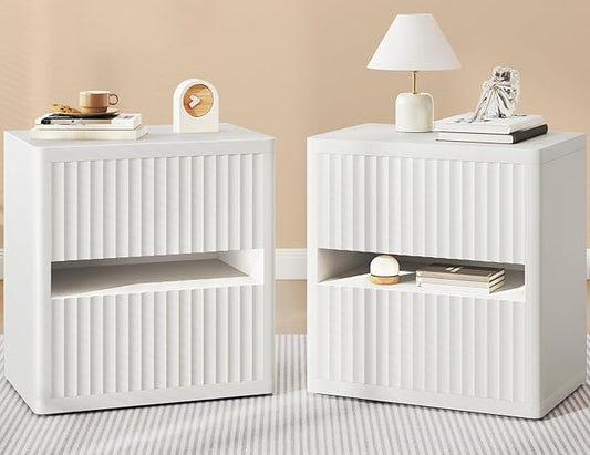 Dripex Fluted Nightstand Set of 2, 22'' Wide Night Stand with 2 Large Drawers, Mid Century Modern Wood Bedside Table with Open Shelf, Large Bed Side End Table for Bedroom, White