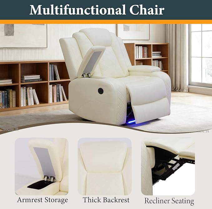 Power Recliner Sectional Sofa Set, Creamy Leather Sectional Couch and 2 Chairs for Living Room, L Shape Reclining Sofa with Cup Holder, Hidden Storage, Coffee Table for House(7 Seat)