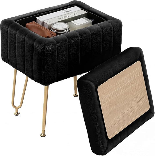 DUMOS Vanity Stool Chair with Storage, Small Ottoman Faux Fur Soft Padded Footstools Seat with 4 Metal Legs Anti-Slip Adjustable Feet Modern Footrest for Home Entryway Bedroom Makeup Black