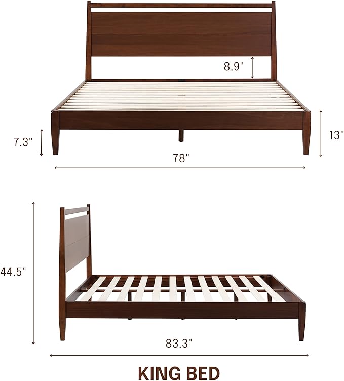 NTC Adept Wooden Bed Frame with Headboard, Crafted from Walnut, Rubber Wood with Silent Slats and Wood Central Supports, 1000 Lb Capacity, Effortless Assembly, King - Dark Walnut