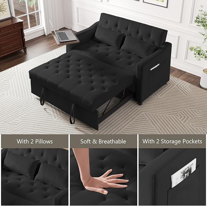 Yafylly 3 in 1 Loveseat Sleeper, 3-Level Adjustable Backrest Convertible Sofa Bed, Pull Out Couch with 360° Rotating Side Table for Living Room, Apartment, Bedroom, Black