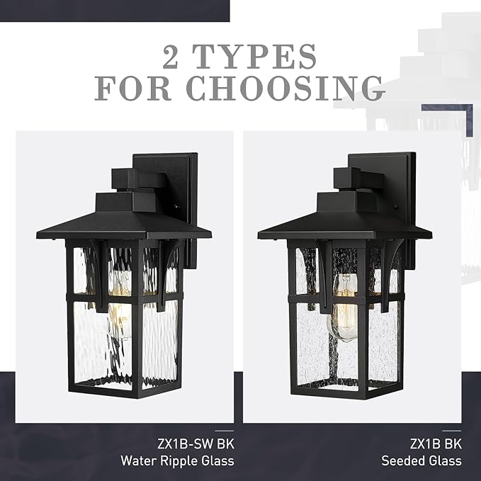 zeyu 15.4 Inch Outdoor Wall Lighting Fixtures, Exterior Black Light Fixture for Patio Garage, Die-Cast Aluminum with Water Ripple Glass, Black Finish, ZX1B-SW BK