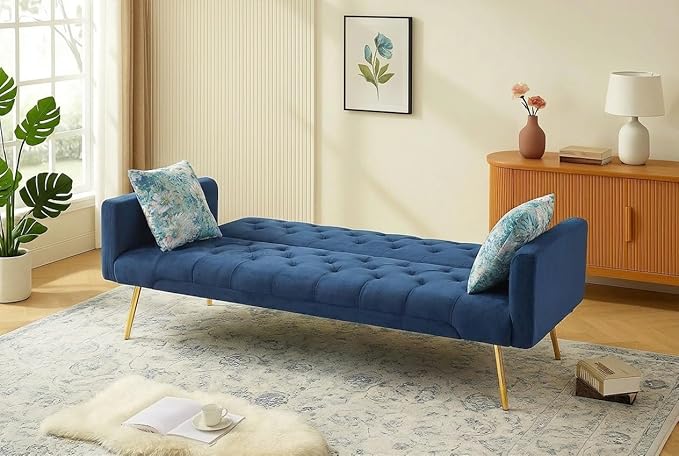 Futon Sofa Bed, Convertible Futon Couch with Adjustable Backrest, 68.31” Folding Sofa Bed with 2 Pillows & Metal Legs, Sleeper Loveseat with Armrest for Home Office, Blue