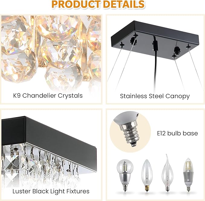 7PM Rectangle K9 Crystal Chandelier Modern Rectangular Pendant Lighting Fixture for Dining Room Kitchen Island Bedroom Black L47'' x W10'' x H10''