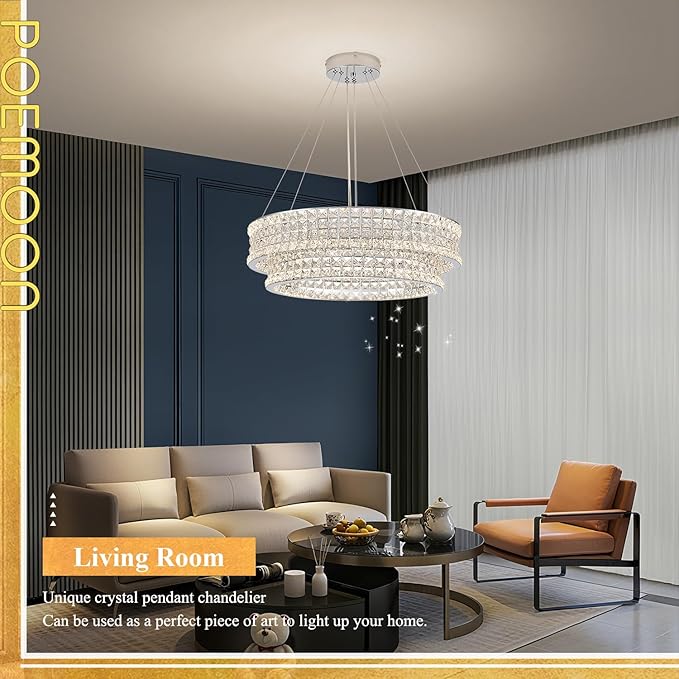 24’’ Crystal LED Chandelier 2-Tier with Remote Control Dimmable 3000-6500K Contemporary Luxury Chandeliers Modern Chrome Light Fixture for Dining Living Room Kitchen Island Foyer Entryway