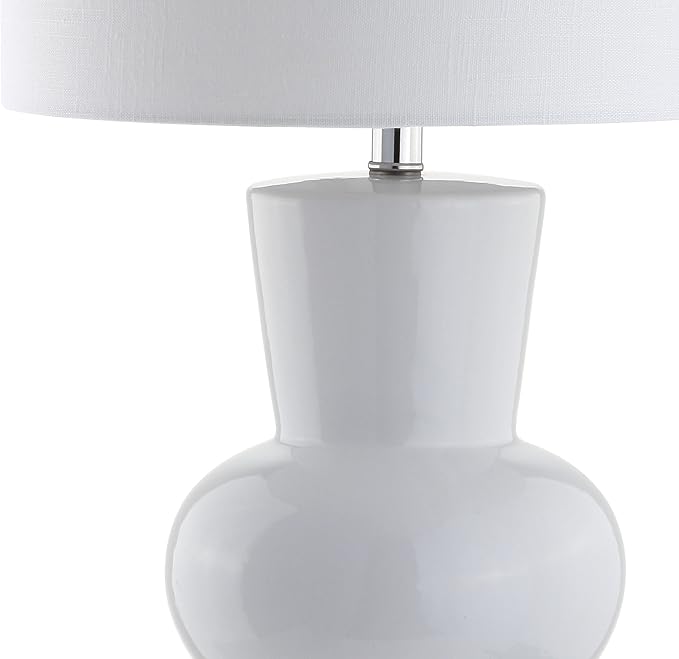 JONATHAN Y 28.5" White Ceramic Table Lamp for Living Room Bedroom Nightstand, Modern Hourglass LED Bedside Lamp with Crystal Base and Linen Shade JYL4027A