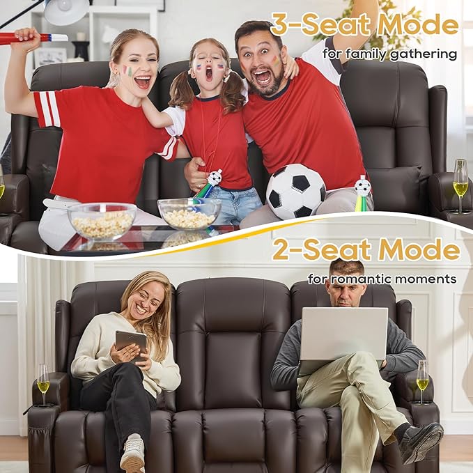 IPKIG Power Recliner Sofa with Flip-Up Backrest Console, USB & USB-C Ports, AC Outlet, LED Lights, Wall Hugger Recliners for Living Room, RV (Brown, 76.8" - 3 Seat) | Faux Leather, Zero Gravity, Dual Reclining, 2 Lumabr Pillow