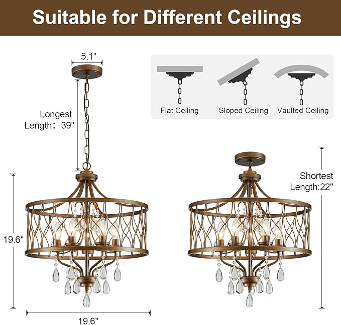 Modern Crystal Chandelier, 5-Light Farmhouse Bronze Chandelier for Dining Room Vintage Hanging Pendant Light Fixtures Round Chandelier for Kitchen Island Entryway Foyer Bedroom Office Bar