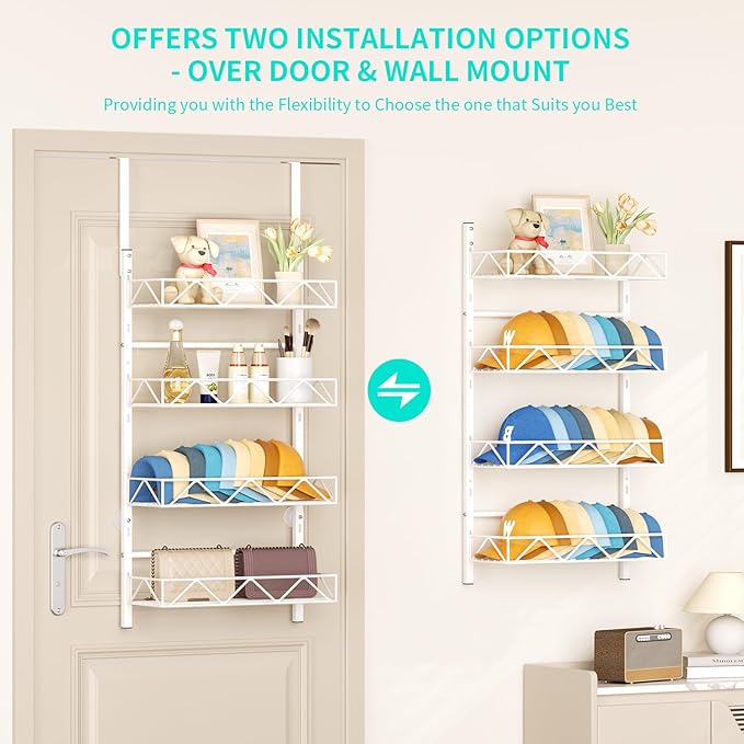 HapiRm Over the Door Hat Organizer - 4 Tier Wall Mounted Hat Rack with 4 Adjustable Metal Basket, Baseball Caps Organizer Storage Holds up to 40 Caps for Door, Bedroom, Closet (White)