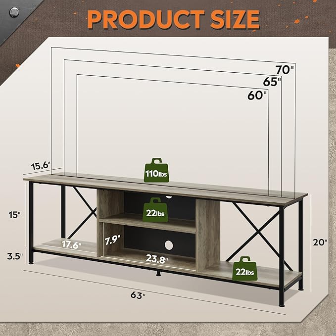 WLIVE Industrial TV Stand for Up to 70 inch TV, Heavy-Duty Metal Frame Entertainment Center with Adjustable Shelves & Cable Management, Large Media Console for Living Room, Greige