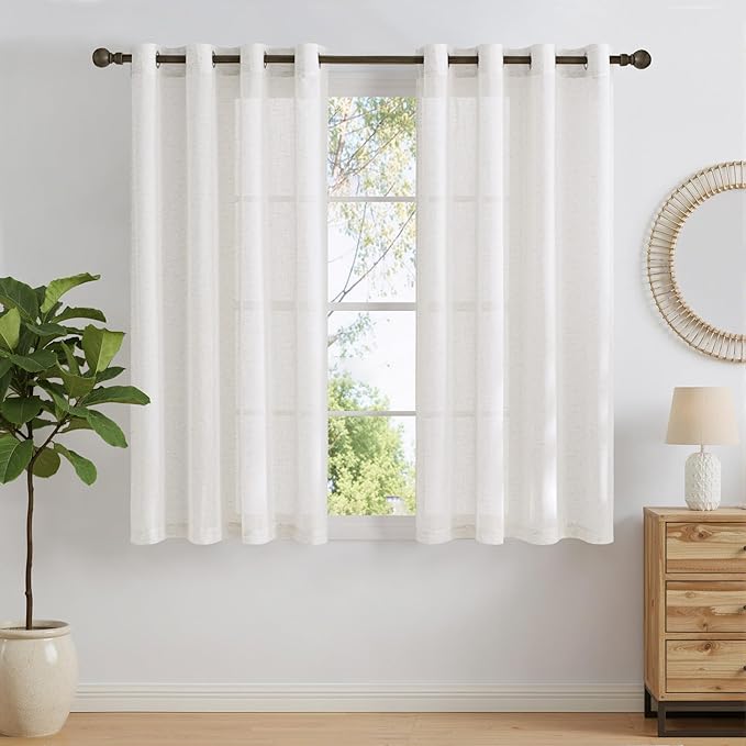 NICETOWN Natural Linen Blend Short Curtains 63 inches Length, Grommet Semi Sheer Window Treatments Privacy with Light Filtering Drapes for Kids Room/Bathroom, W52 x L63, 2 Panels
