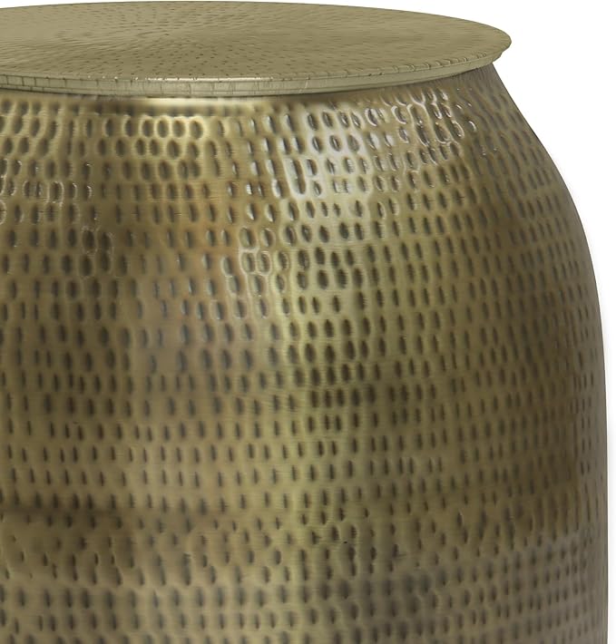 SIMPLIHOME Griffen Metal Storage Accent Table - 19 inch Wide Solid Metal Round Drum Side Table in Antique Gold, Contemporary End Table for Living Room with Hidden Storage Space, Assembled