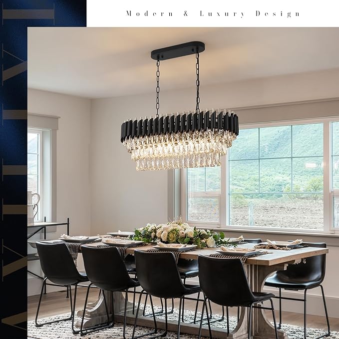 Modern Rectangular Chandelier Black and Gold Crystal Chandeliers for Dining Room Linear Ceiling Pendant Light Long 32” Luxury Oval Chandelier 8 Lights for Kitchen Island Living Room