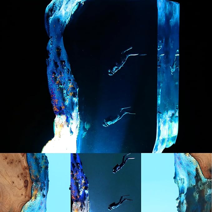 Shark Diver LED Ocean Night Light, Epoxy Resin Ocean Lamp, Deep Sea Diver Night Light, Office, Desk, Bathroom or Bedroom Decorative Night Light, Suitable for Holidays (2 Divers)