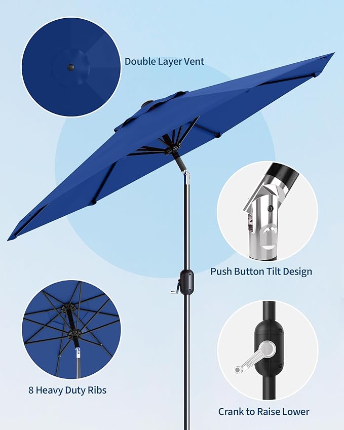 GarveeLife 9 ft Patio Umbrella, Outdoor Table Market Umbrella with Push Button Tilt and Crank, 8 Sturdy Ribs UV Protection Waterproof for Garden, Deck, Backyard, Pool (Navy Blue)