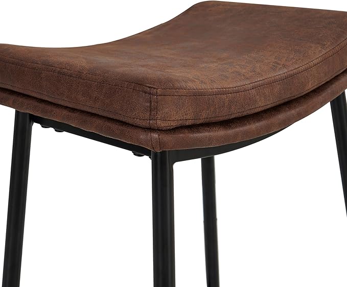 Arlo Modern Backless Upholstered Kitchen Counter Bar Stool with Double-Layered Saddle Seat and Black Metal Base, Brown/Matte Black, Set of 4
