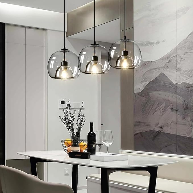Large Smoke Glass Pendant Lights for Kitchen Island, Includes Extra Bulbs & 4.26FT Adjustable Cord, Modern Pendant Lighting Fixtures for Kitchen, Dining Room, Living Room(9in, 2-Pack)