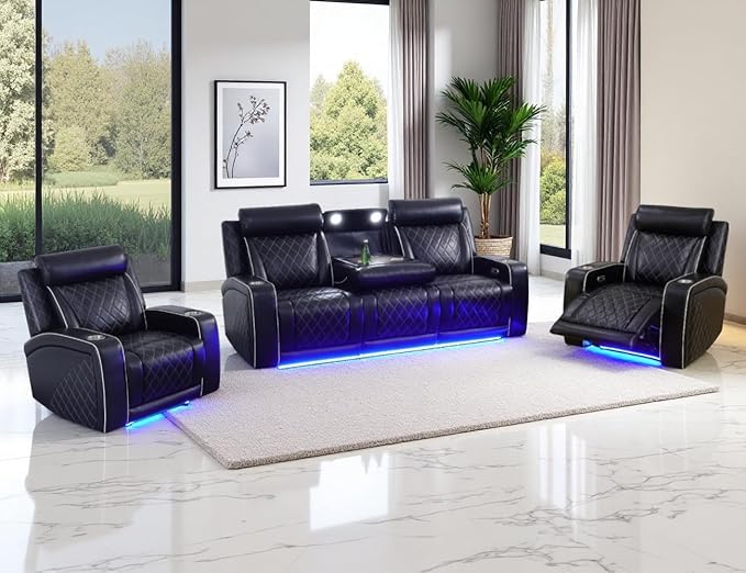 Power Recliner Sofa Set, Breathing Leather Reclining Couch Set, Home Theater Recliner Couches with Cup Holders/Charging/LED Lights, Living Room Furniture with 4 Reclining Seats, 3+1+1, Black