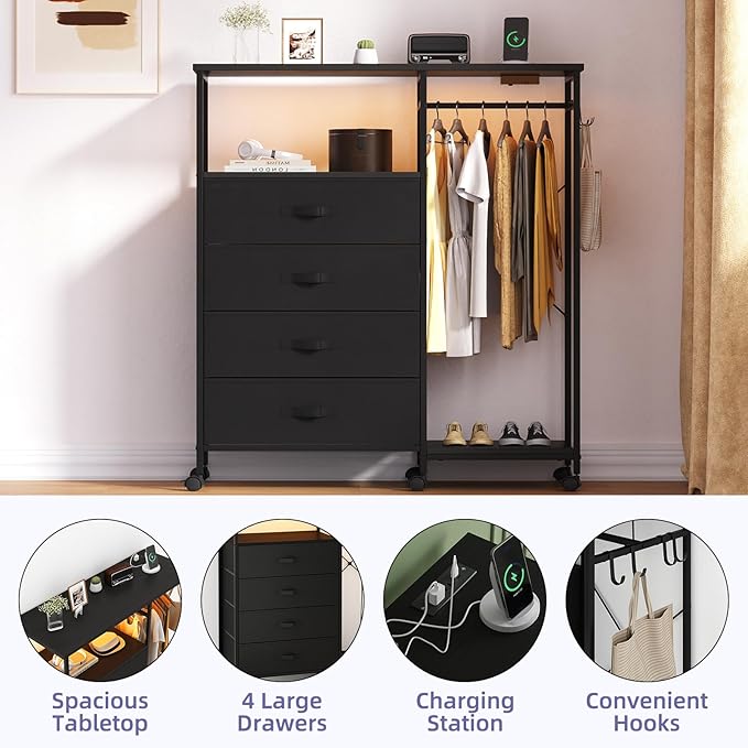 Dresser for Bedroom with Clothes Rack, 4 Drawers Dresser with Charging Station and LED Lights, Storage Chest of Drawers with Wheels, Wooden Top, for Closet, Living Room, Hallway, Black