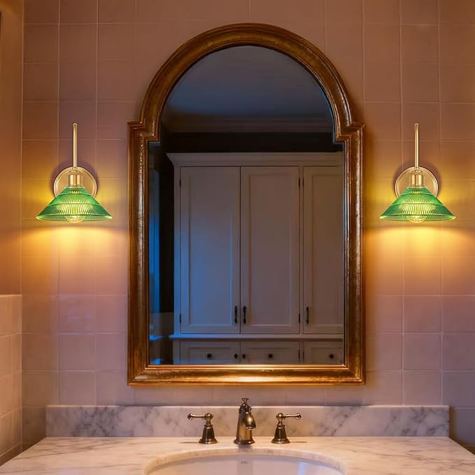 Wall Sconce Set of 2, Gold Vintage Light Fixtures with Round Green Glass Lampshade, Hardwired Sconces Wall Lighting for Bedroom, Bathroom, Living Room | Includes 2 LED Bulbs