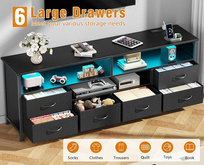 Furologee TV Stand for 65 70 Inch TVs, 63 Inch Entertainment Center Dresser for Bedroom, 6 Drawers Dresser with Power Outlets and LED Lights, Media Console with PU Leather Surface for Living Room