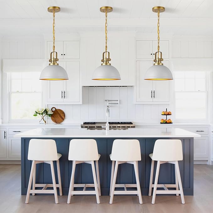White and Gold Pendant Lights Kitchen Island 2 Pack, Modern Matte White Dome Pendant Lighting Industrial Light Fixture for Kitchen Living Dining Room Restaurant Hallway Entrance