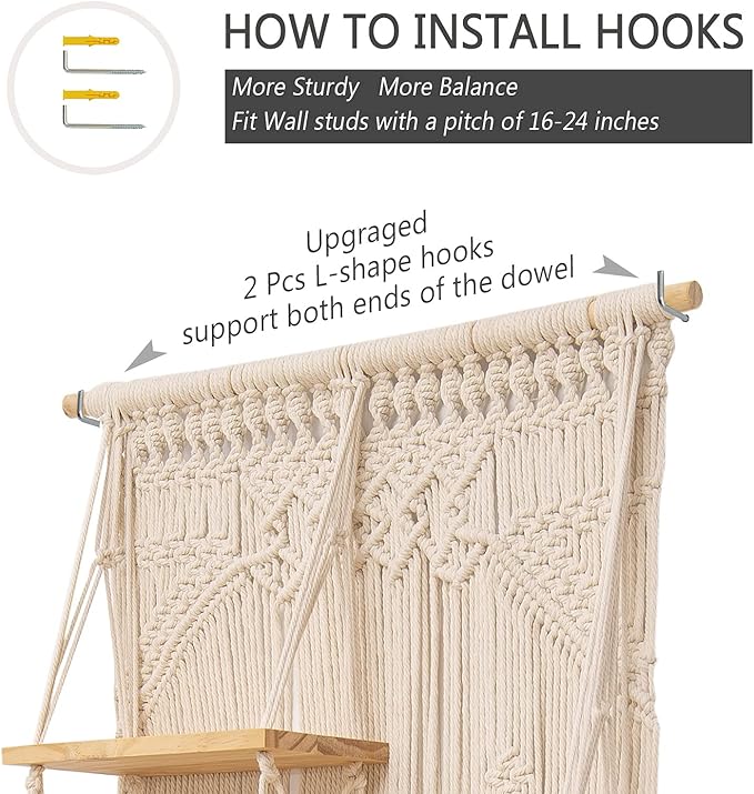 jontell Macrame Wall Hanging Shelf- Macrame Shelves Handmade Decorative Floating Boho Shelf-Plant Shelf Display Rack to Organize and Decor for Living Room, Bedroom, Bathroom…
