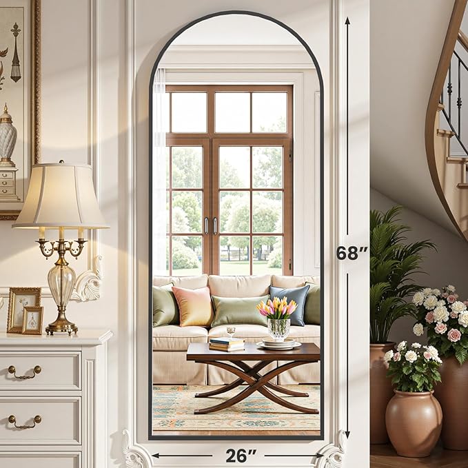 OLIXIS Arched Full Length Mirror for Bedroom, 68"x26" Full Body Mirror with Stand, Hanging or Leaning for Wall, Aluminum Alloy Thin Frame Floor Standing for Living Room, Long, Black