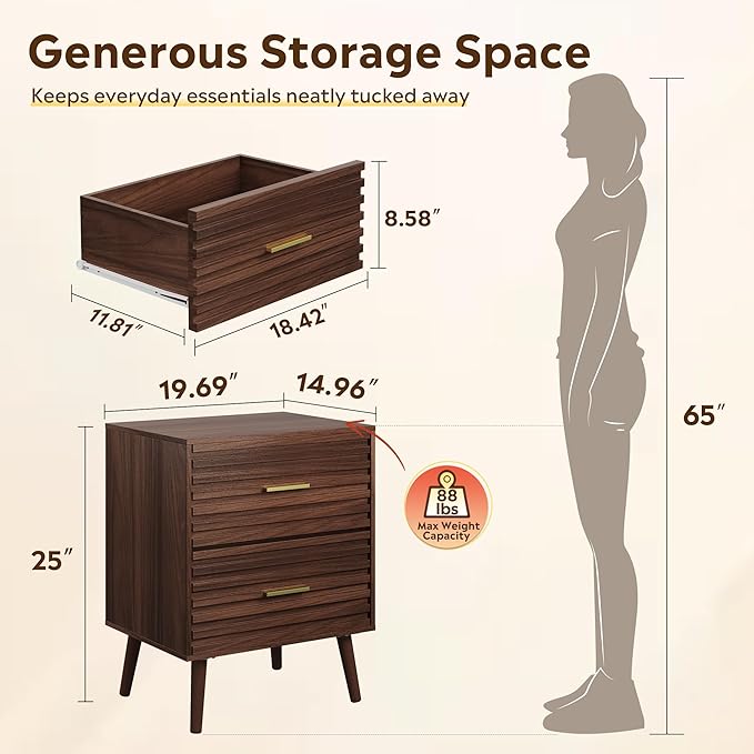 WLIVE Mid Century Modern Nightstand, Fluted Wood Bedside Table with Two Drawers, Brown Night Stand for Bedroom