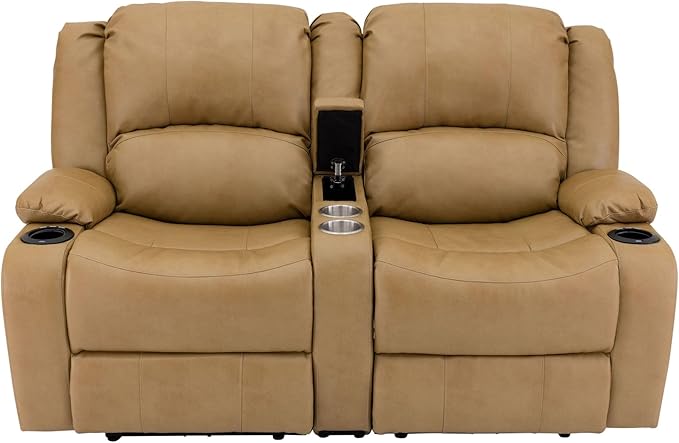 RecPro Charles 64" Powered Recliner RV Sofa with Console and Cupholders | Zero Wall Loveseat for Camper | Wall Hugger Couch with Upgraded 2023 Fabric (Toffee)
