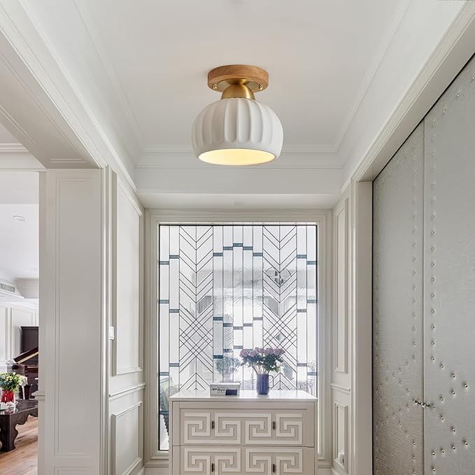 Ceramic Wood Brass Semi Flush Mount Ceiling Light Vintage Hallway Light Fixtures, Modern Small Ceiling Mount Light Lamp for Hall Kitchen Entryway Passway Porch Foyer