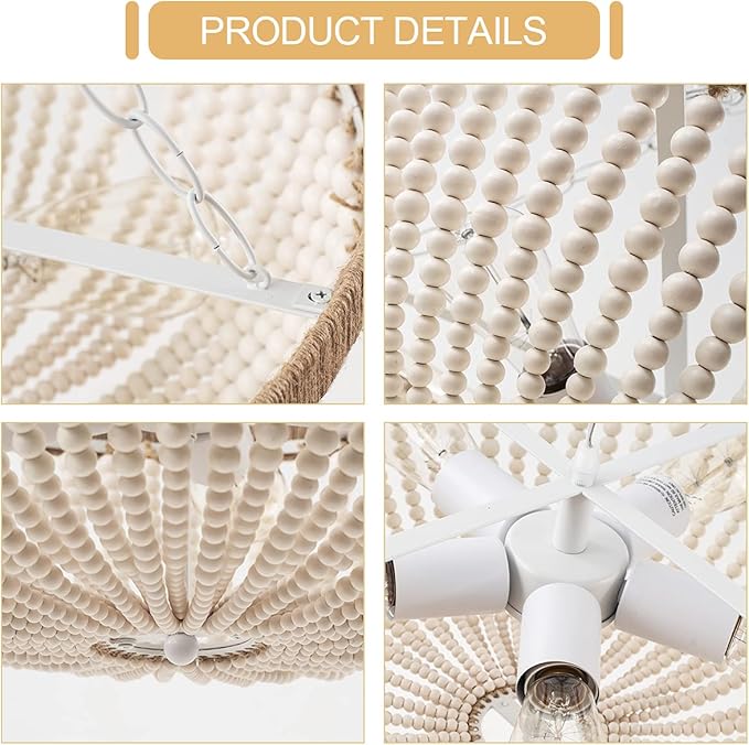 5 Lights Bohemia Wood Beaded Chandelier Farmhouse Antique Rustic Pendant Light for Bedroom Kitchen Island Dining Living Room, White, Dia 22 Inch