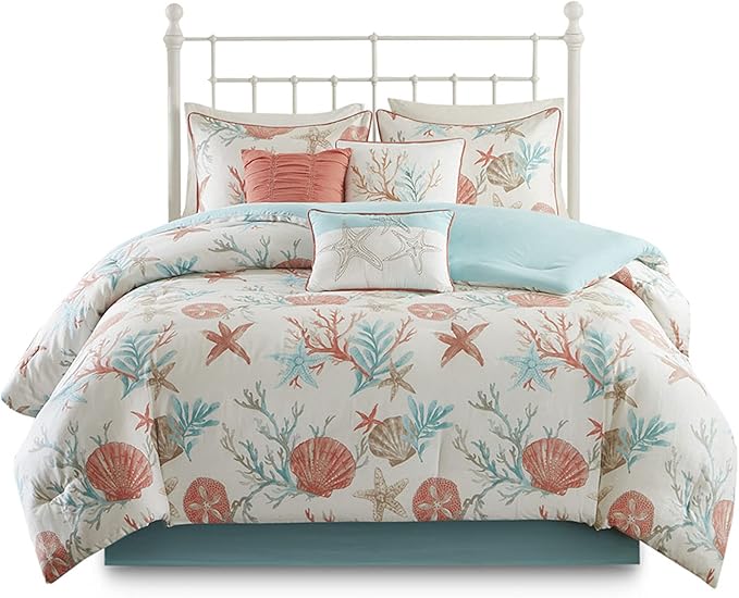 Madison Park 100% Cotton Comforter Set - Coastal Coral, Starfish Design All Season Down Alternative Cozy Bedding with Matching Shams, Decorative Pillow, California King(104"x92"), Teal 7 Piece