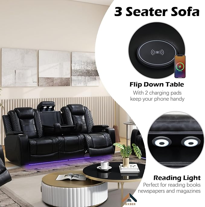Power Reclining Sofa Set for Living Room, Leather Recliner Couch Set with Drop-Down Table, Power Pads, Cup Holders, Storage Console for House/Home Teather(Sofa, Loveseat and Chiar, Black)