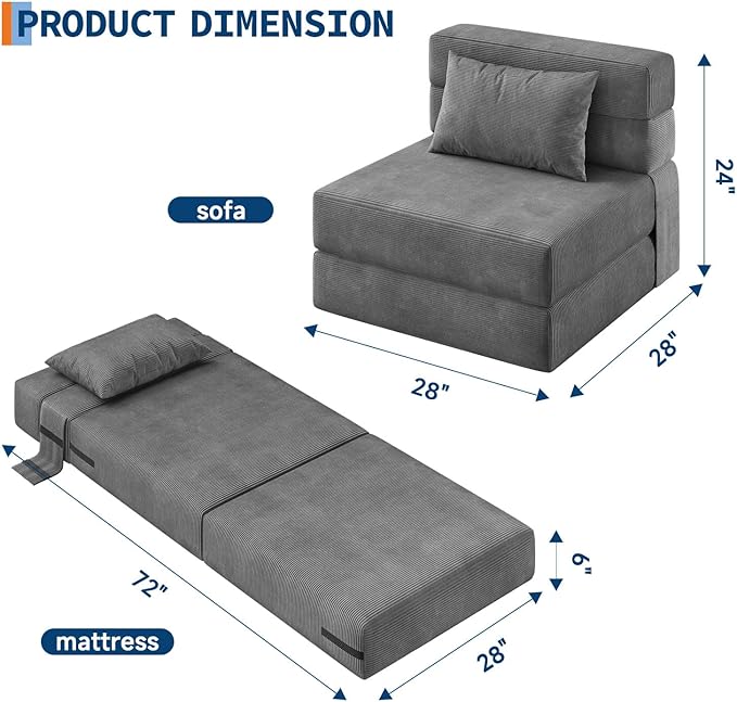 Garvee 2 Pcs Folding Sofa Bed Chair, Convertible Couches with Foldable Design, Comfortable Cloud Couch for Living Room, Multi-Functional Sectional As Comfy Couch & Bed