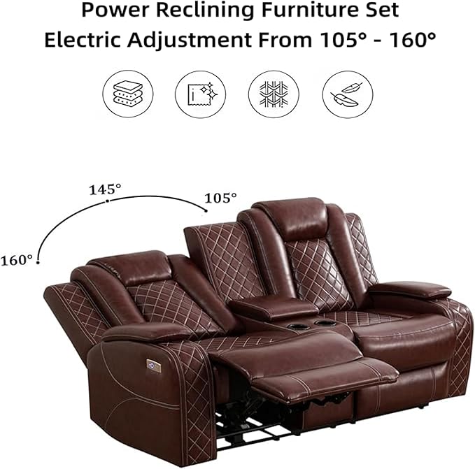 Power Recliner Sofa Set, Breathing Leather Reclining Couch Set, 3 Piece Living Room Furniture Set with LED Lights/Charging Ports/Storage for Home/Office (Auburn, Sofa+Loveseat+Chair)