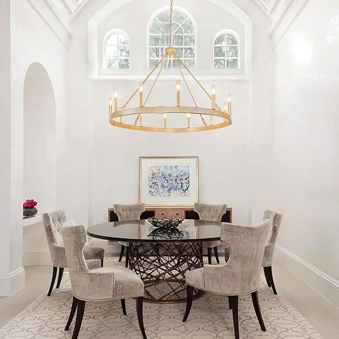 Gold Wagon Wheel Chandelier 37.4 inch, 12-Light Large Round Industrial Gold Farmhouse Chandeliers for High Ceilings Dining Room Living Room Foyer Entryway Outdoor Porch