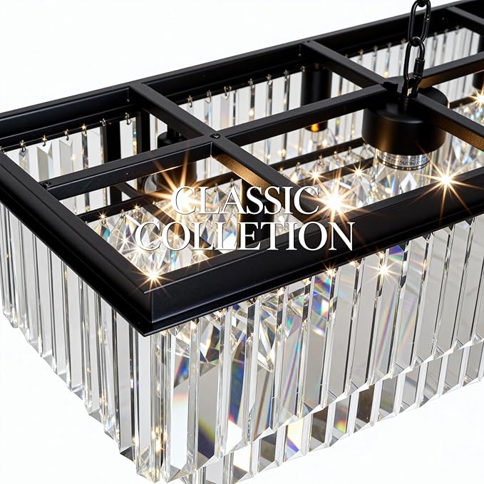 12-Lights Modern Rectangular Crystal Chandeliers Rectangle Contemporary Linear Pendant Ceiling Light Fixture for Kitchen Island Dining Room Bar, Black 47 Inch