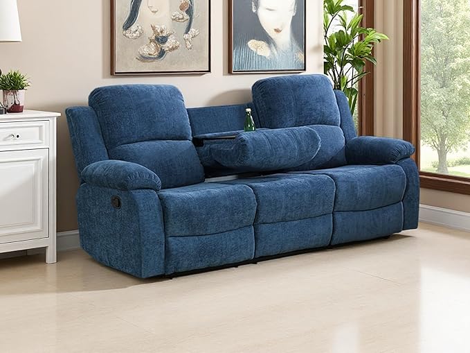 3 Seater Recliner Sofa Couch Modern Manual Reclining Sofa Fabric Reclining Sofa Living Room Couch with Dual Cup Holders and Drop Down Table for Living Room/Office/Rv Car (Blue, 3 Seater Sofa)