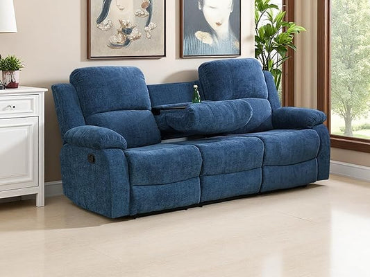 3 Seater Recliner Sofa Couch Modern Manual Reclining Sofa Fabric Reclining Sofa Living Room Couch with Dual Cup Holders and Drop Down Table for Living Room/Office/Rv Car (Blue, 3 Seater Sofa)