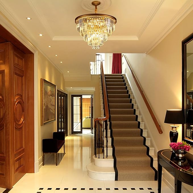23.23" Gold Crystal Chandelier 12-Light Modern Crystal Pendant Ceiling Light Fixture 5-Tier Luxury K9 Crystal Chandeliers,for Dining Room Kitchen Island Living Room Bedroom
